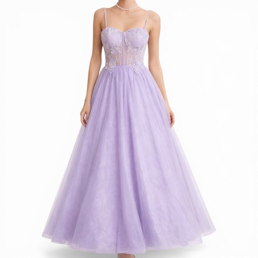 Windsor Tia Lace Applique A-Line Ball Gown Lavender Long Prom Dress Sz Large